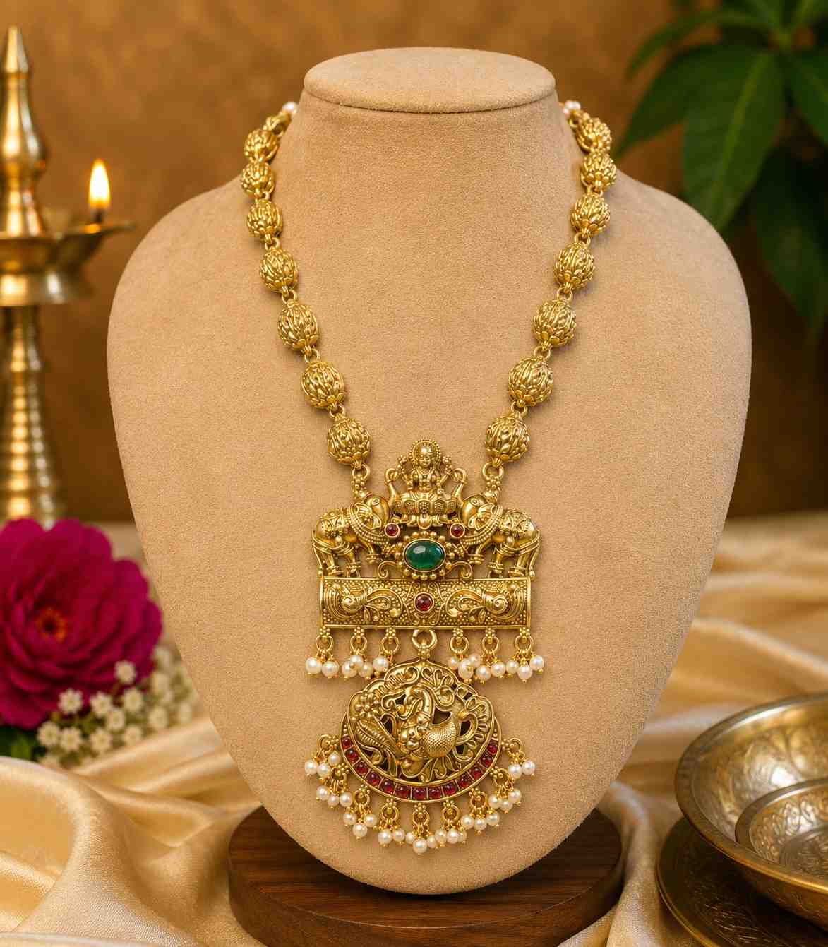 5628 Antique Gold Temple Jewelry Set with Lakshmi Pendant and Jhumka Earrings