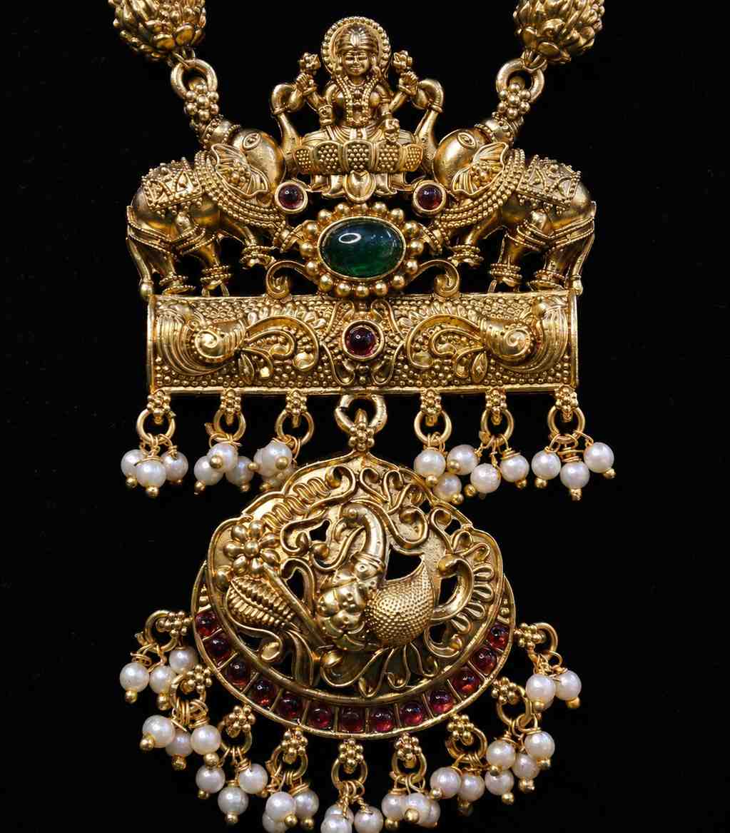 5628 Antique Gold Temple Jewelry Set with Lakshmi Pendant and Jhumka Earrings