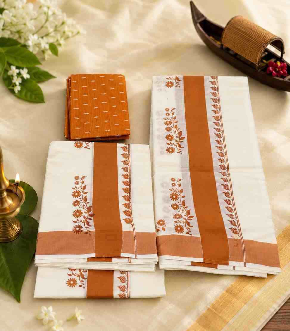 2279 Kerala Set Mundu in Brick Orange Floral Hand Print with Matching Blouse Piece