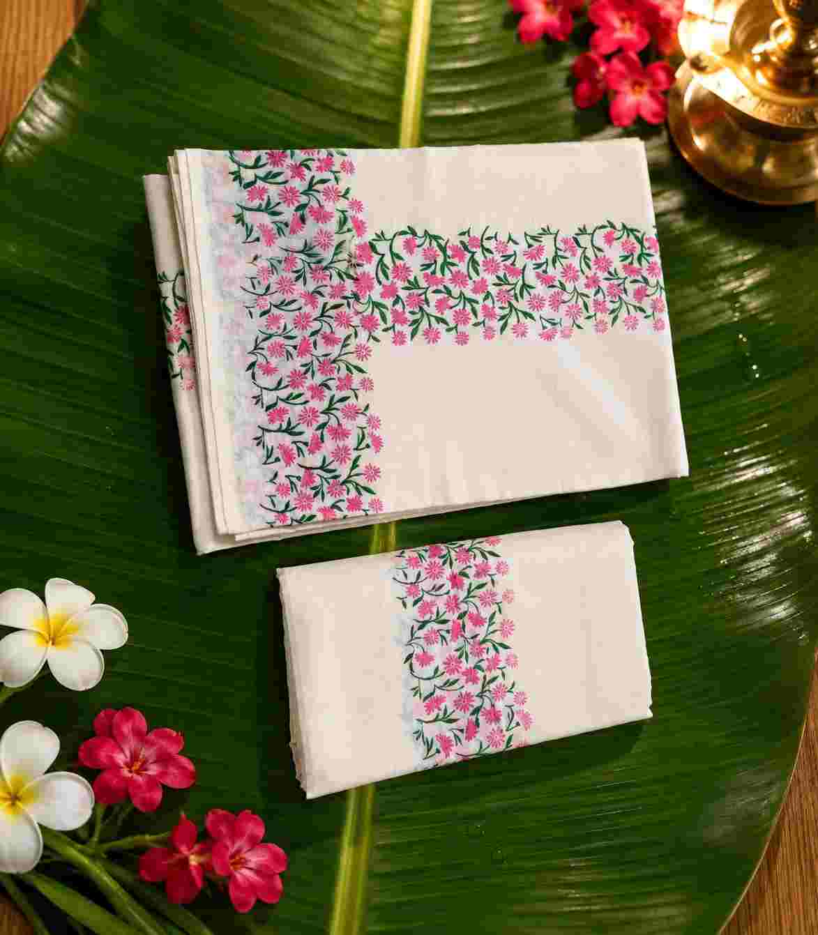 2284 Kerala Set Mundu in Pink Floral Hand Print