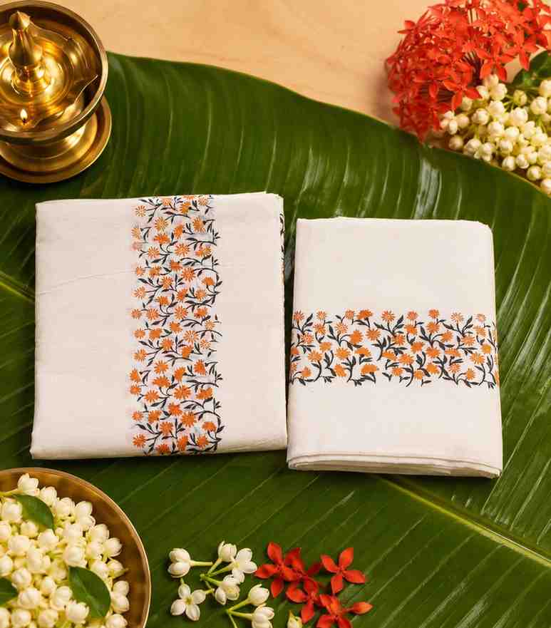 2285 Kerala Set Mundu in Orange Floral Hand Print