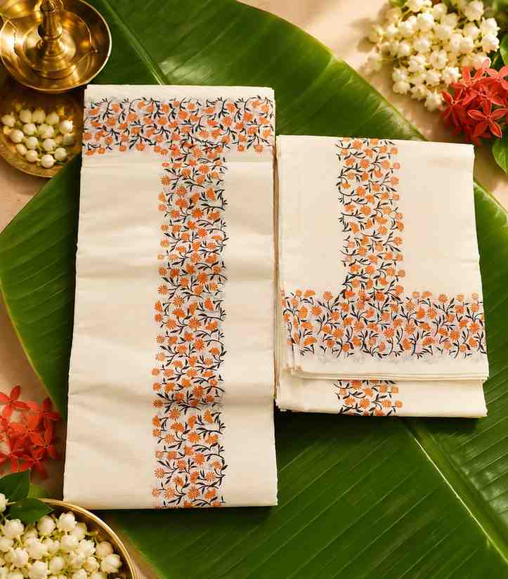 2285-kerala-set-mundu-in-orange-floral-hand-print