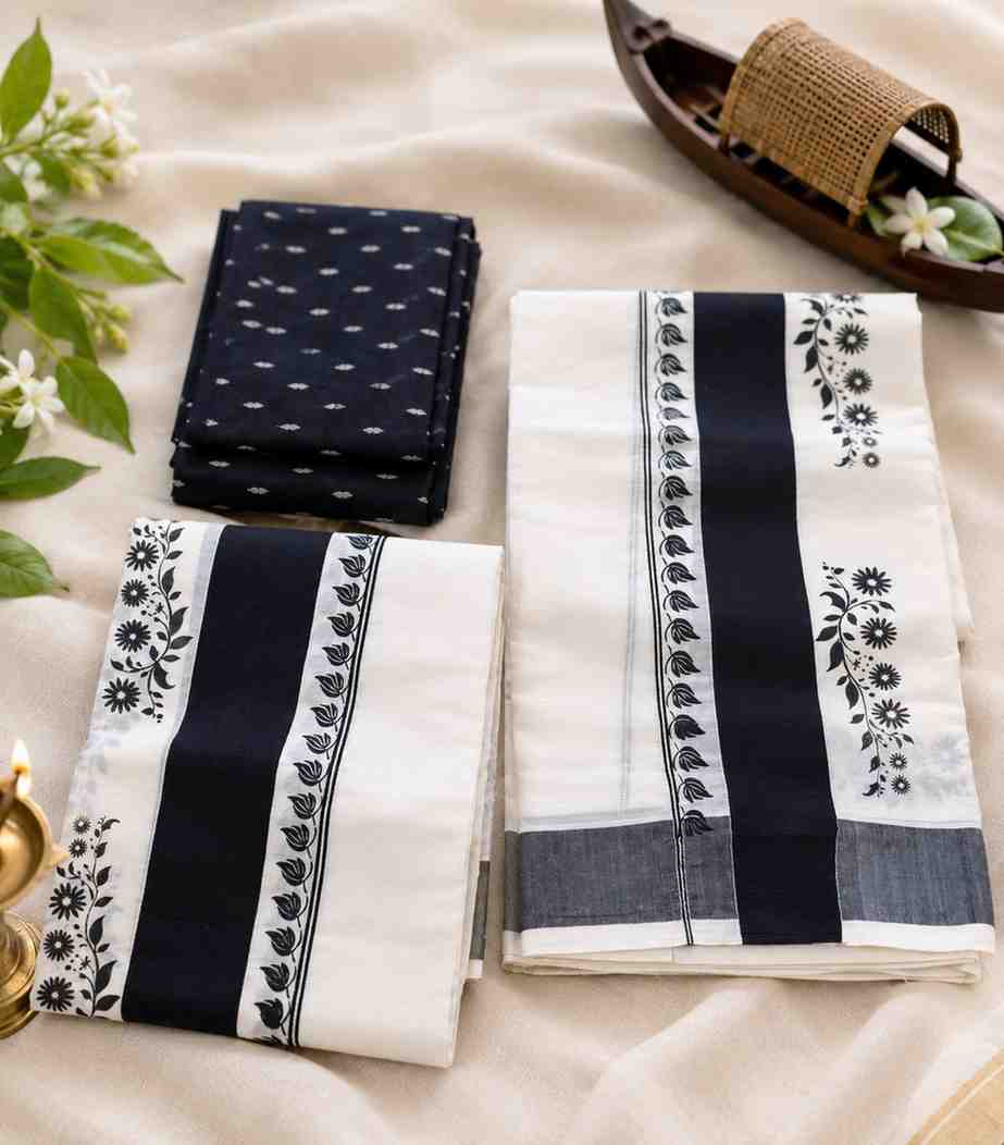 2280 Kerala Set Mundu in Black Floral Hand Print and Kara with Matching Blouse Piece