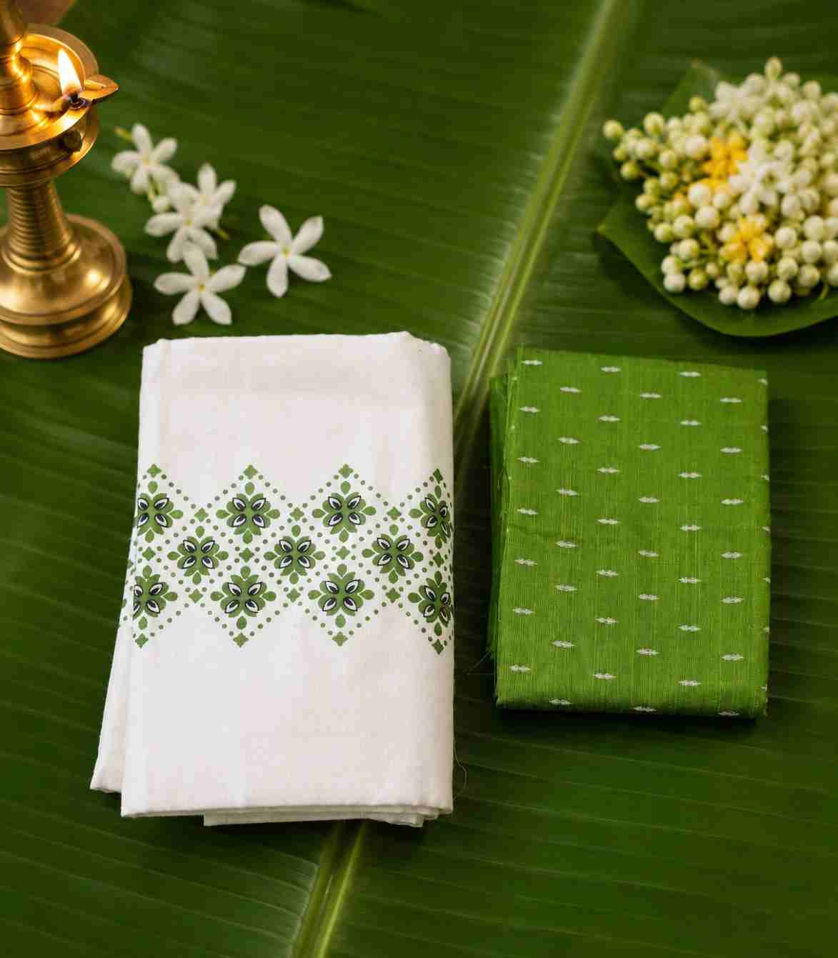 2281 Kerala Set Mundu with Elegant Green Block Print Geometric Design with Blouse Piece