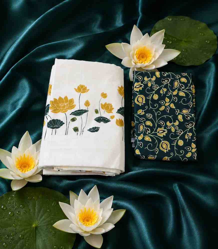 2290 Kerala Set Mundu with Yellow Lotus & Leaves Print with Blouse Piece