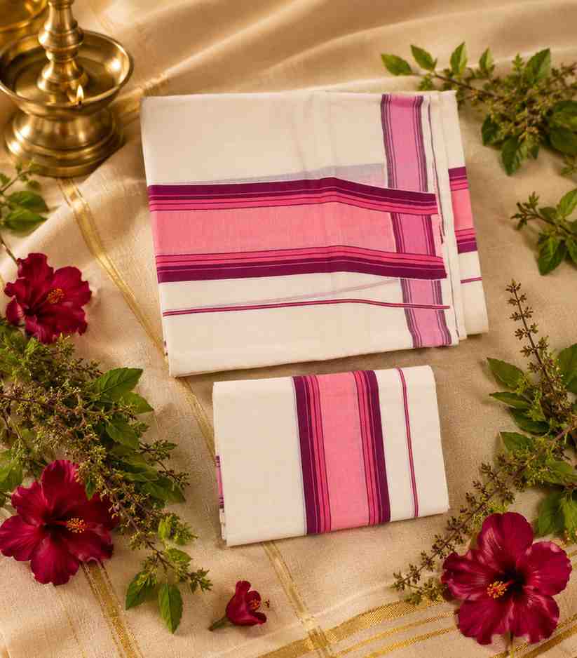 2291 Kerala Set Mundu in Pink & Purple Striped Border