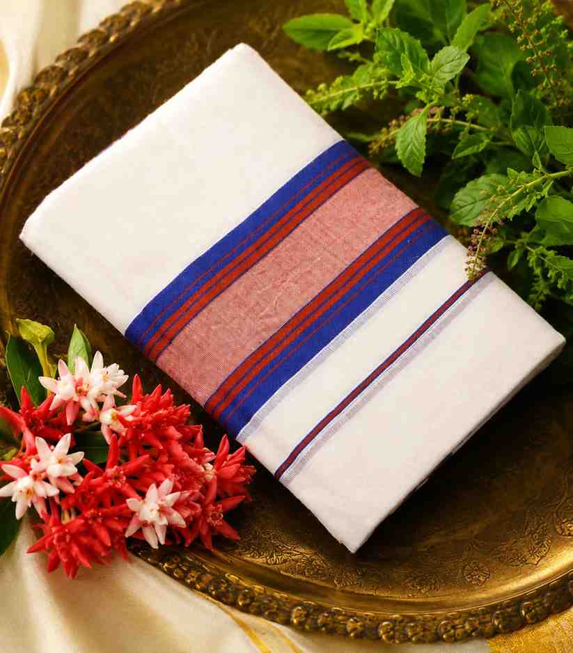 2292 Kerala Set Mundu in Royal Blue and Deep Red Striped Border