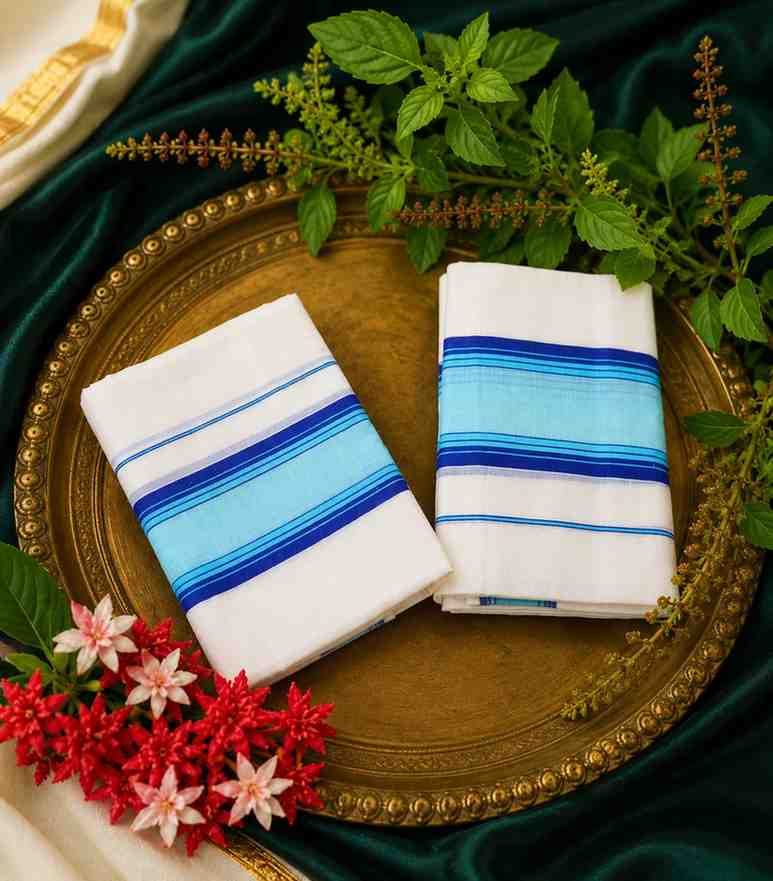 2293 Kerala Set Mundu in Vibrant Blue Stripes Border