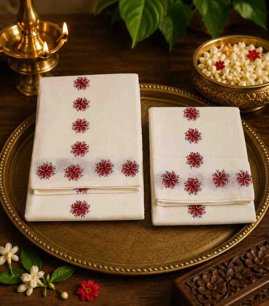2282 Kerala Set Mundu with Red Floral Printed Design
