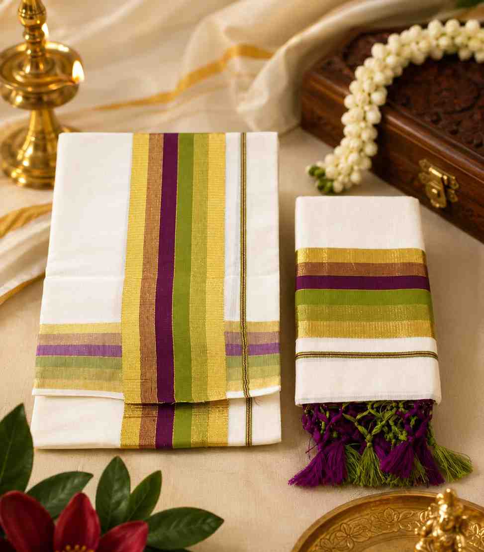 2289 Kerala Cotton Set Mundu with Purple and Green Kasavu Border