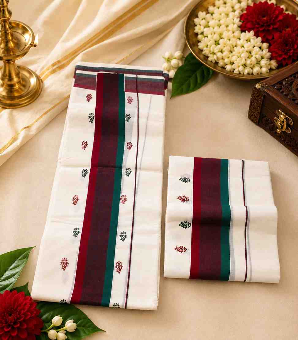 2294 Kerala Set Mundu in Maroon and Deep Green Stripes with Flower Motif on Borders