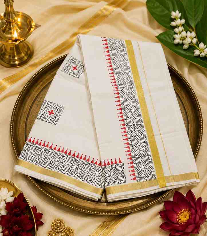 2295 Onam Special Collection Kerala Kasavu Saree with Geometric Prints & Golden Zari Border