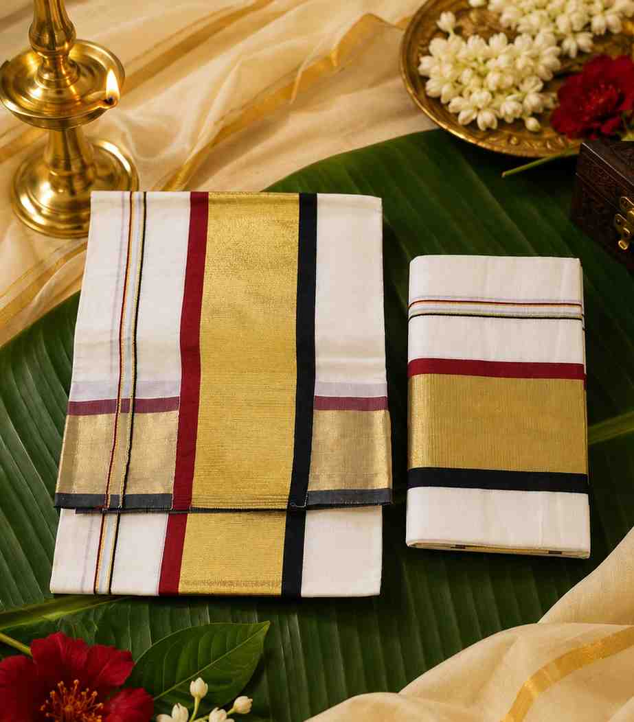 2288 Premium Kerala Cotton Set Mundu with Gold and Maroon Kasavu Heavy Border