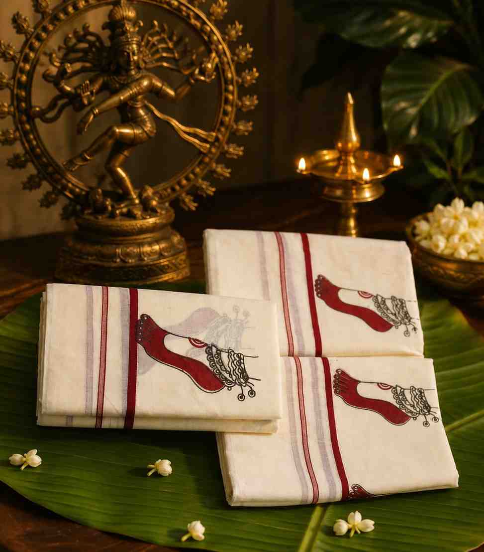 2296 Chilanka Printed Kerala Set Mundu with Maroon Border