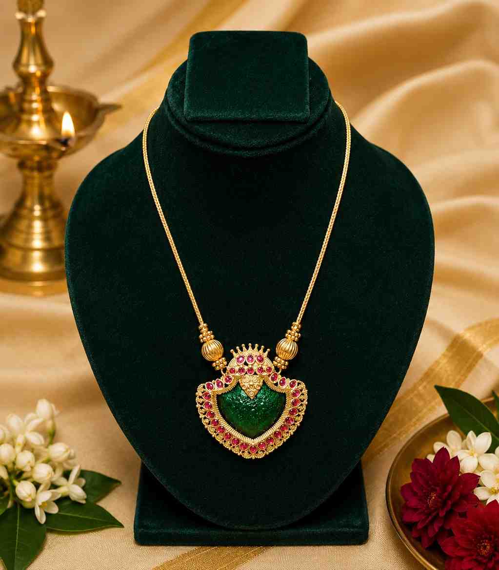5640 Traditional Kerala Green Enamel Palakka Necklace with Ruby Stone Accents