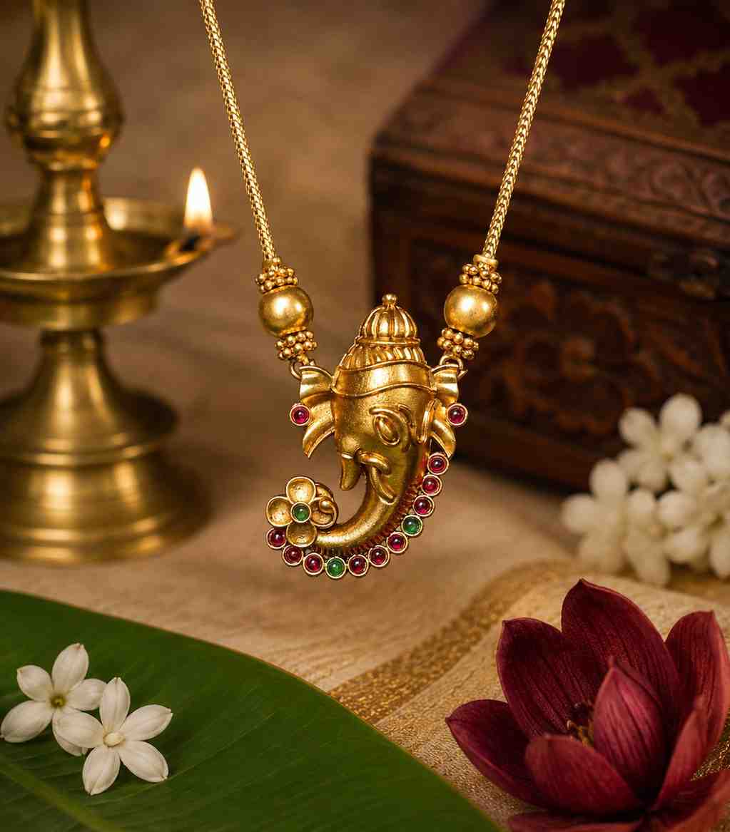 5642 Antique Matte Finish Ganesha Pendant Necklace Set with Matching Earrings