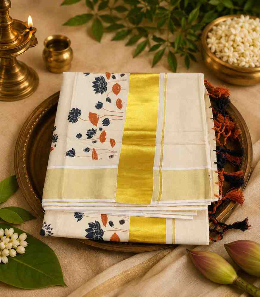 2301 Onam Special Collection Kerala Tissue Lotus Floral Block Print and Golden Zari Border with Tussels