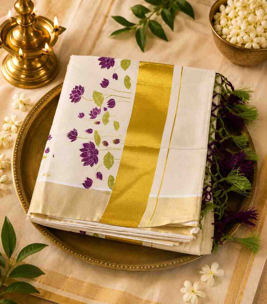 2302 Onam Special Collection Kerala Tissue Purple Lotus Floral Block Print and Golden Zari Border with Tussels