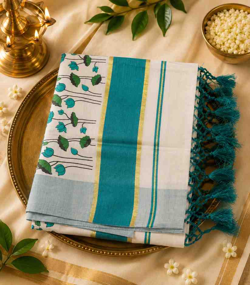 2303 Onam Special Collection Kerala Tissue Turquoise Border and Floral Prints with Tussels