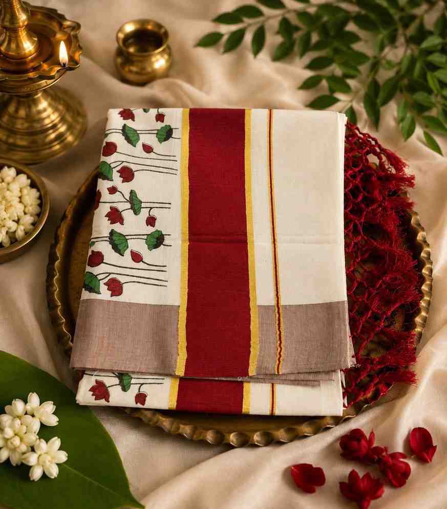 2304 Onam Special Collection Kerala Tissue Maroon Border and Floral Prints with Tussels