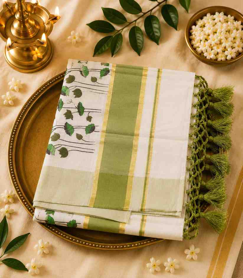 2305 Onam Special Collection Kerala Tissue Olive Green Border and Floral Prints with Tussels