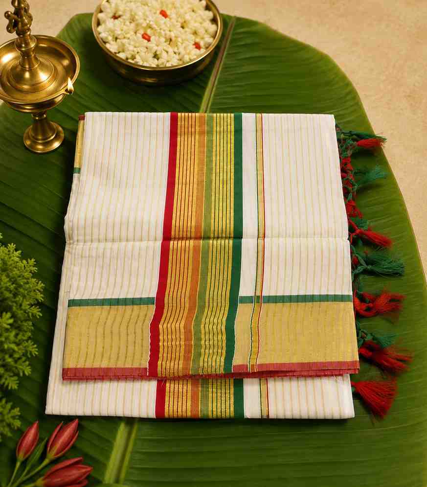 2307 Premium Kerala Cotton Set Saree for Onam on Cream & Gold Kasavu with Red Green Stripes and Tassels