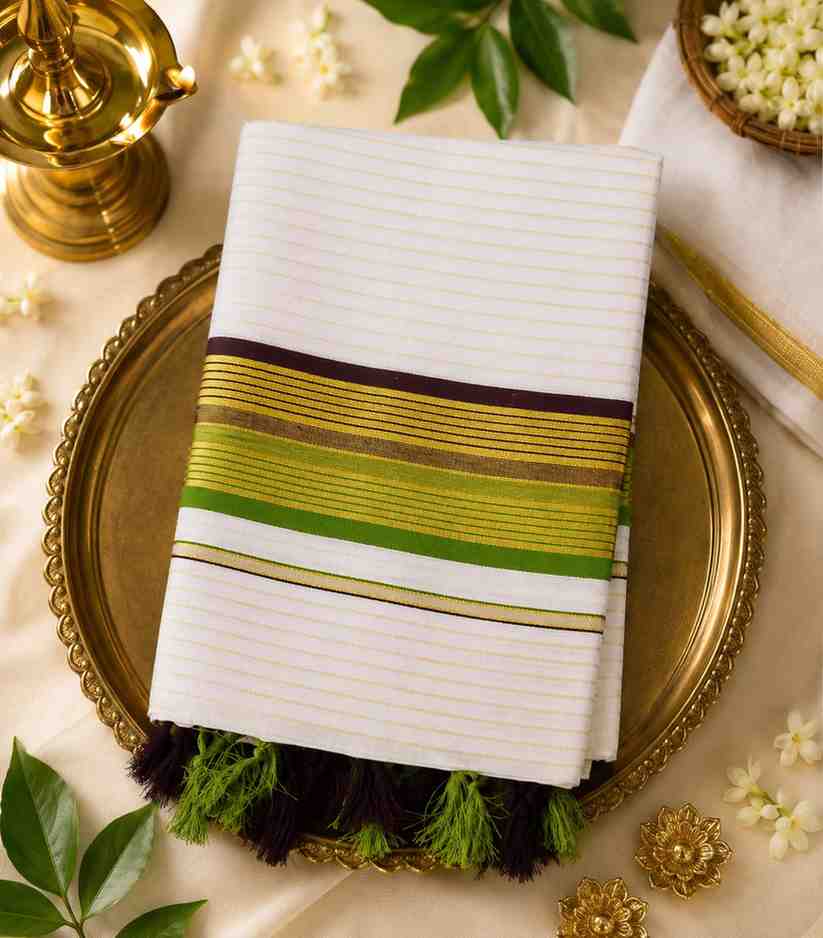 2308-premium-kerala-cotton-set-saree-for-onam-on-cream-gold-kasavu-brown-green-stripes-and-tassels