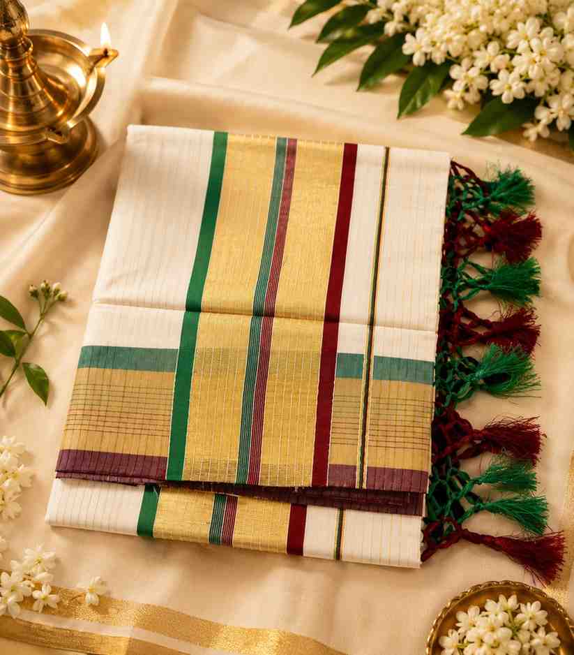 2309 Premium Kerala Cotton Set Saree for Onam on Cream with Green and Maroon Kara Stripes on both side of Kasavu and Tassels