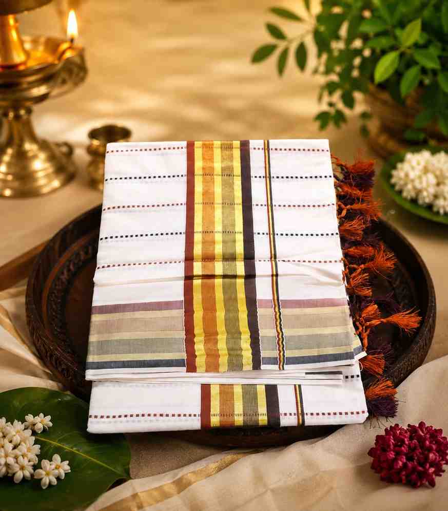 2310 Premium Kerala Cotton Handloom Set Sari with Brown Orange and Gold Multi Color Stripe Border with Tassels