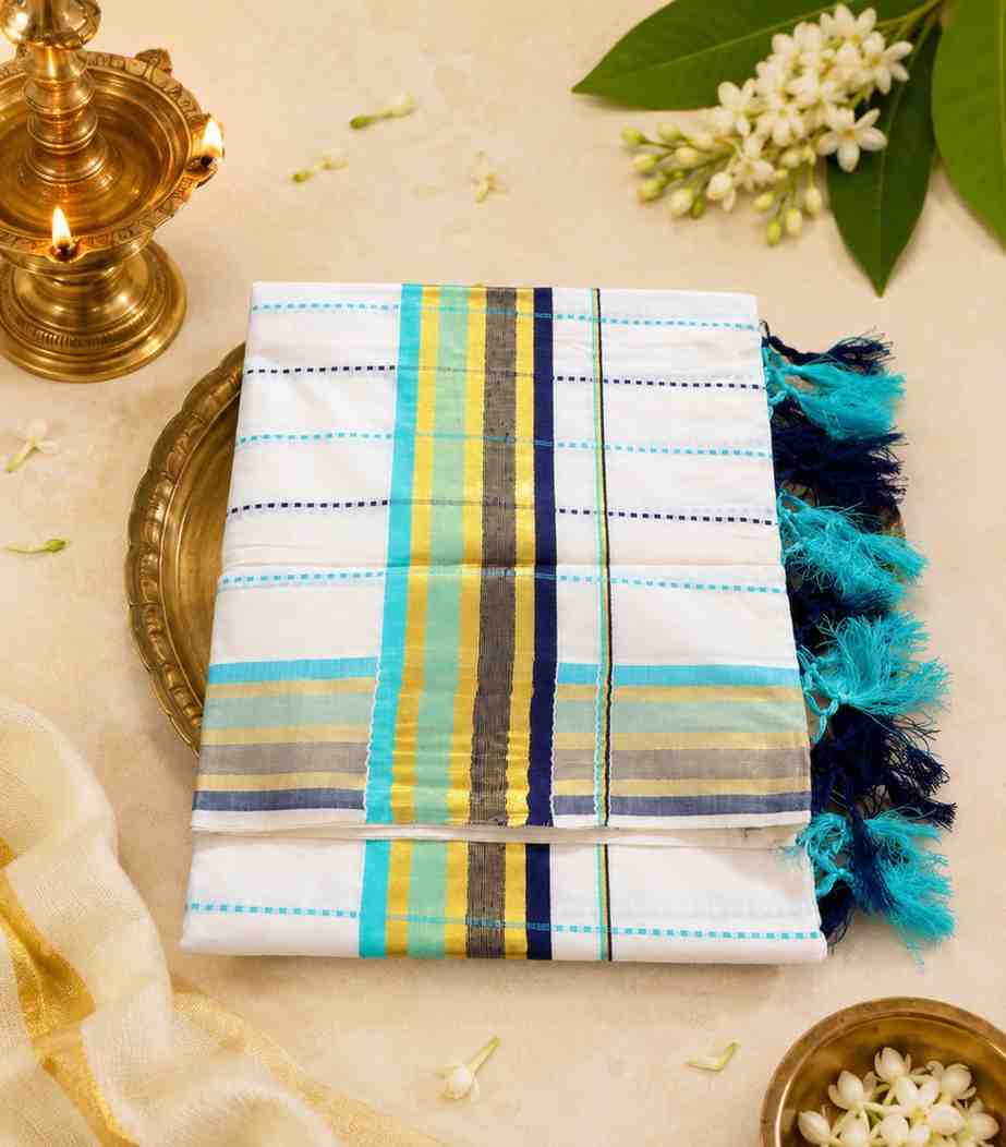 2311 Premium Kerala Cotton Handloom Set Sari with Turquoise Navy Blue and Gold Multi Color Stripe Border with Tassels