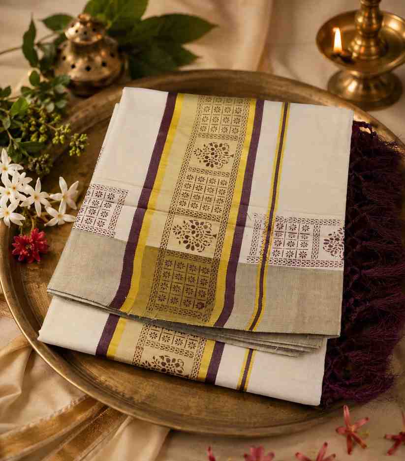 2297 Onam Special Collection Kerala Tissue Sari in Golden Zari Brown Block Printed Border and Tussels