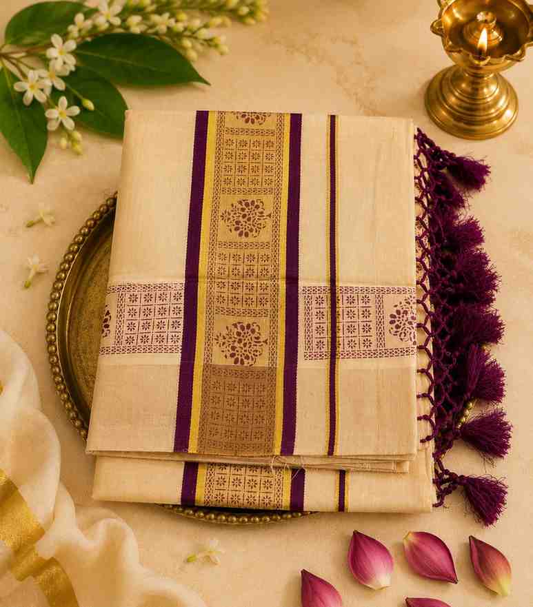 2298 Onam Special Collection Kerala Tissue Sari in Golden Zari Purple Block Printed Border and Tussels