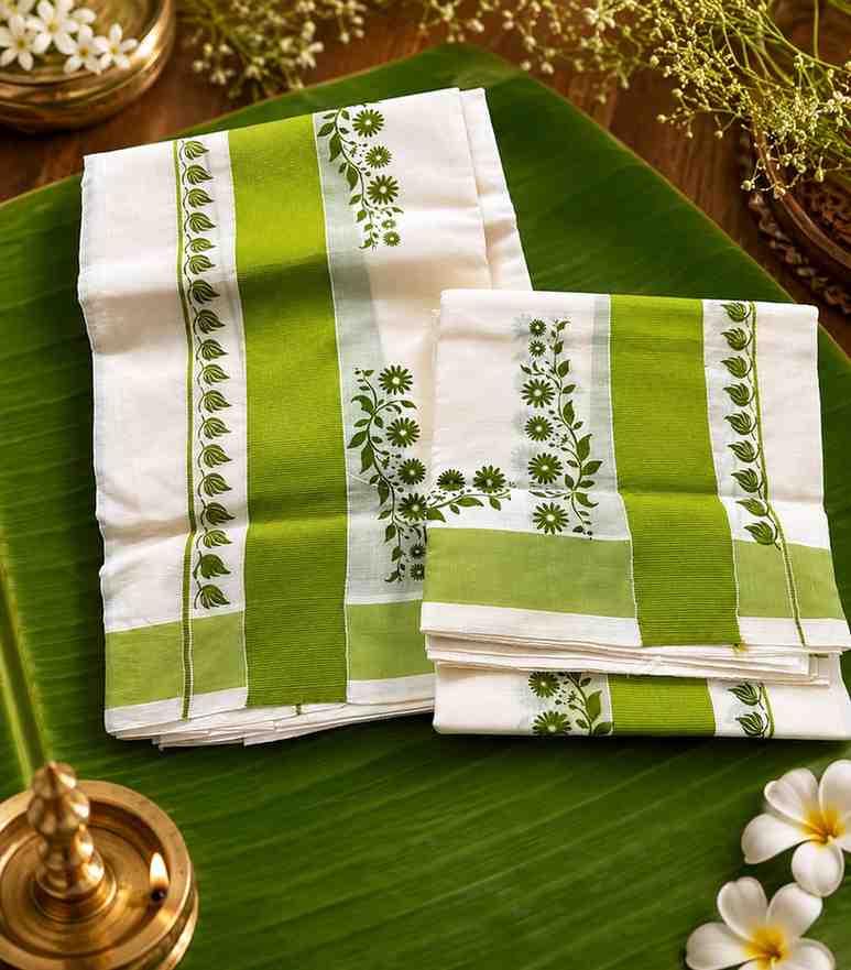 2300 Kerala Set Mundu in Olive Green Hand Print and Kara
