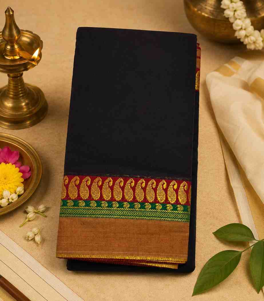 2312 Dark Brown Handloom Narayanpet Cotton Saree with Traditional Mango Zari Border with Blouse