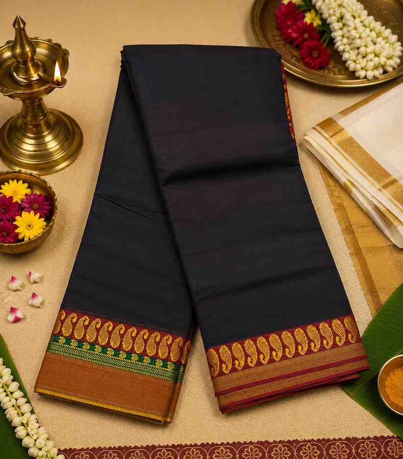 2312-dark-brown-handloom-narayanpet-cotton-saree-with-traditional-mango-zari-border