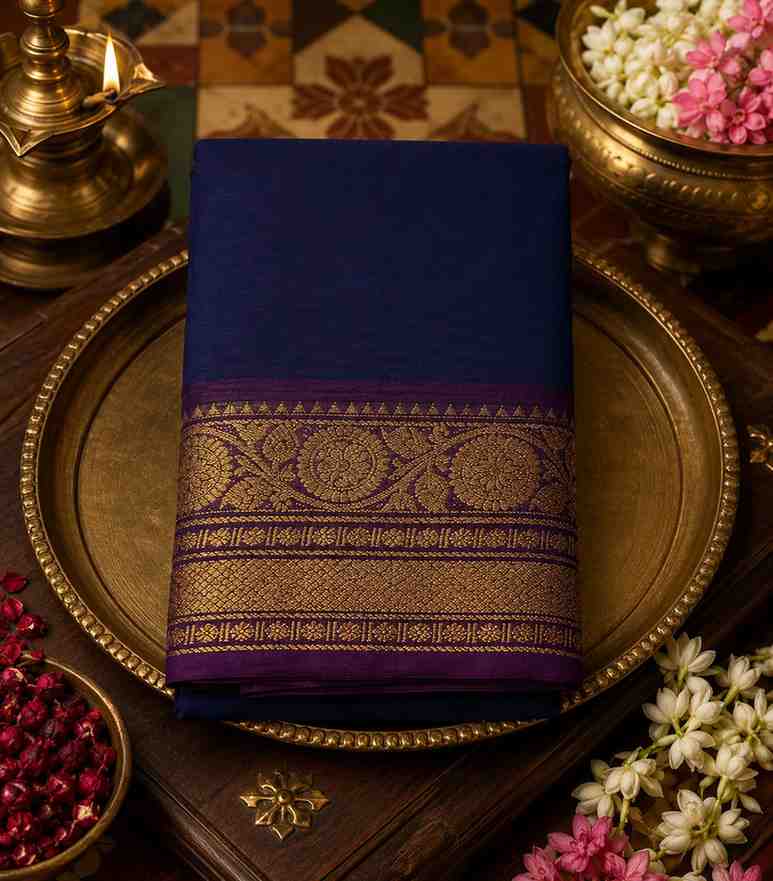 2313 Navy Blue Kanchi Cotton Saree with Elegant Purple Temple Border 5.5m