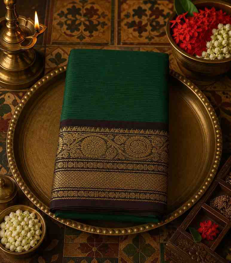 2314 Bottle Green Kanchi Cotton Saree with Brown and Gold Zari Border 5.5m