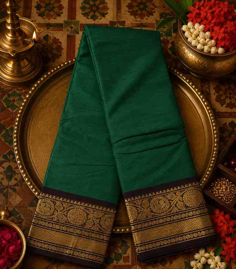 2314-bottle-green-kanchi-cotton-saree-with-brown-and-gold-zari-border
