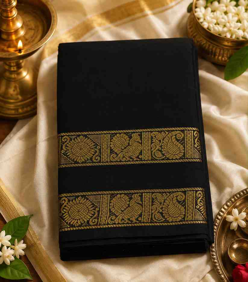 2315 Premium Jet Black Kanchi Cotton Saree with Antique Gold Zari Border