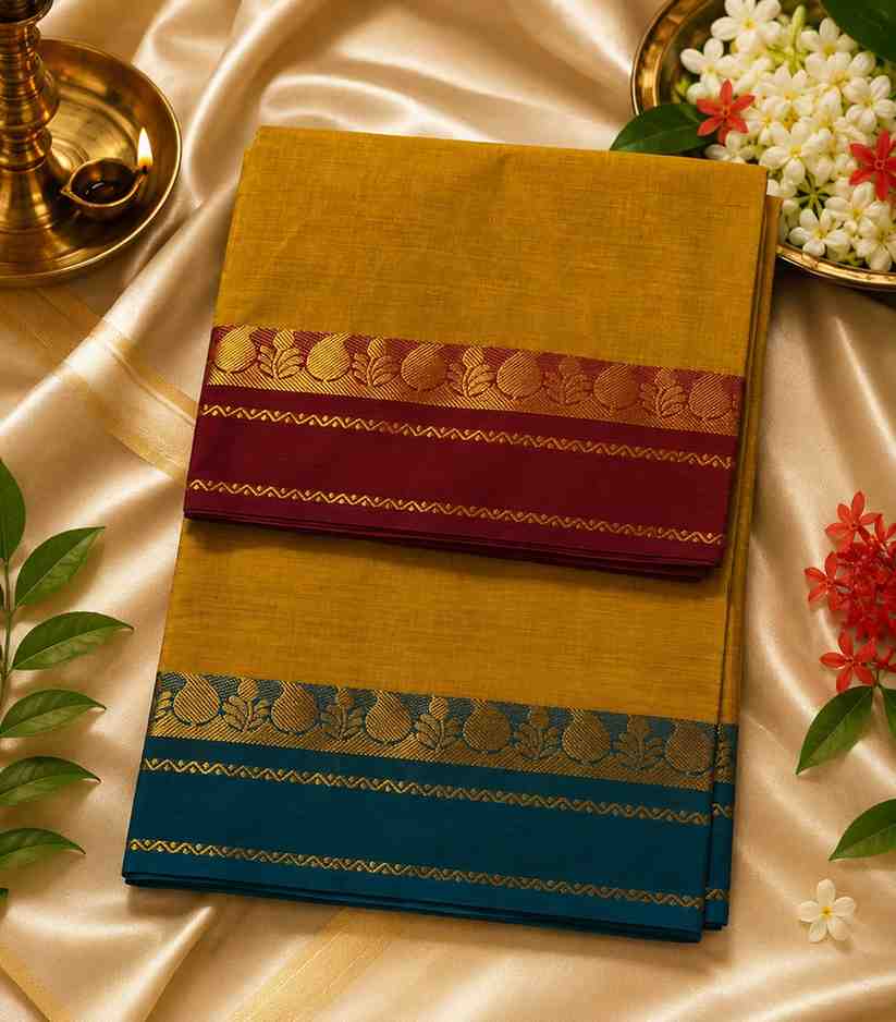 2317 Dual Contrast Mustard KanchiCotton Saree in Red and Blue Border Combo