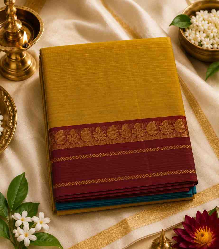 2317 Dual Contrast Mustard KanchiCotton Saree in Red and Blue Border Combo