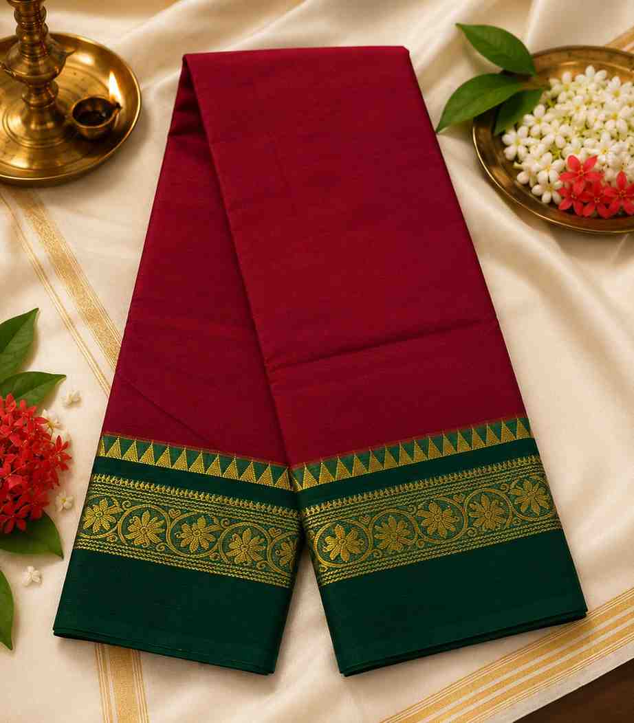 2319 Maroon Kanchi Cotton Saree with Bottle Green Rudraksham Zari Border