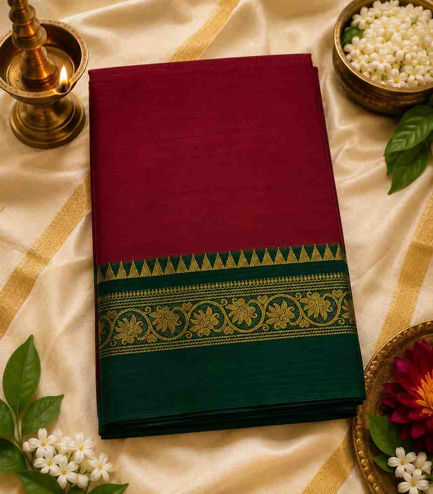 2319 Maroon Kanchi Cotton Saree with Bottle Green Rudraksham Zari Border