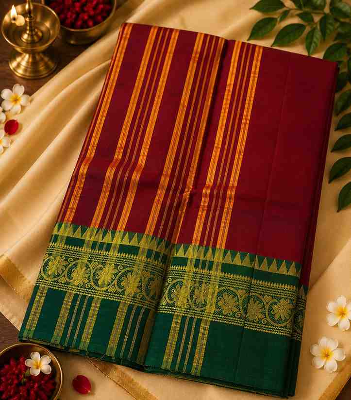 2319-maroon-kanchi-cotton-saree-with-bottle-green-rudraksham-zari-border