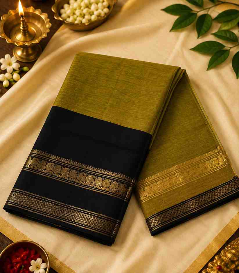2320 Kanchi Cotton Saree in Olive Green and Black with Traditional Golden Zari Border