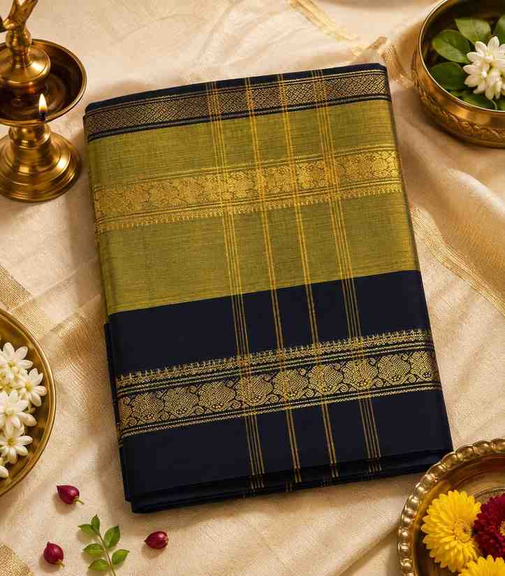 2320 Kanchi Cotton Saree in Olive Green and Black with Traditional Golden Zari Border