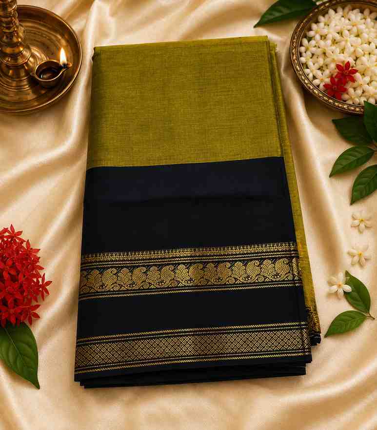 2320-kanchi-cotton-saree-in-olive-green-and-black-with-traditional-golden-zari-border