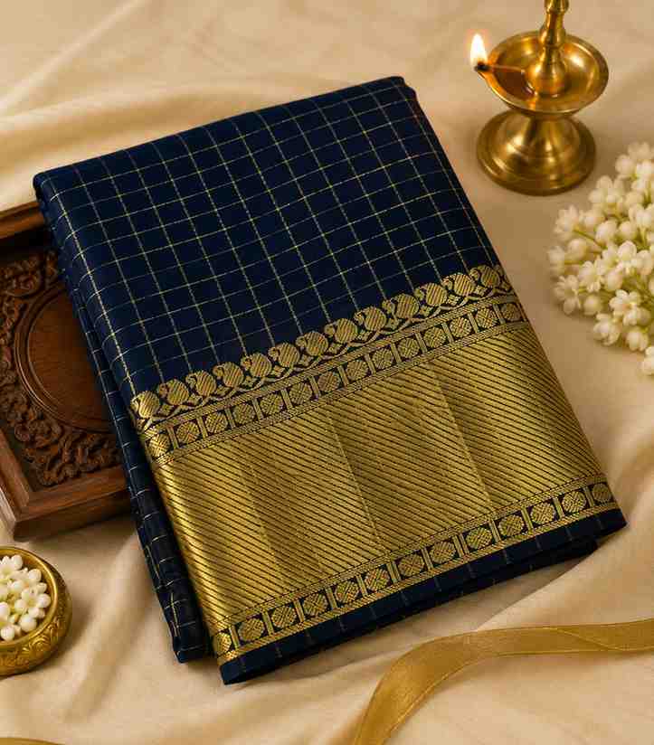 2321 Banarasi Semi Katan Check Pattern Black Silk Saree with Gold Zari Kattam Checks
