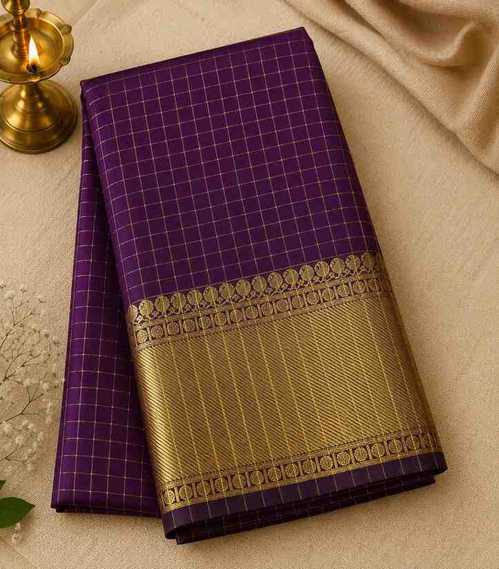 2322 Banarasi Semi Katan Check Pattern Purple Silk Saree with Gold Zari Kattam Border