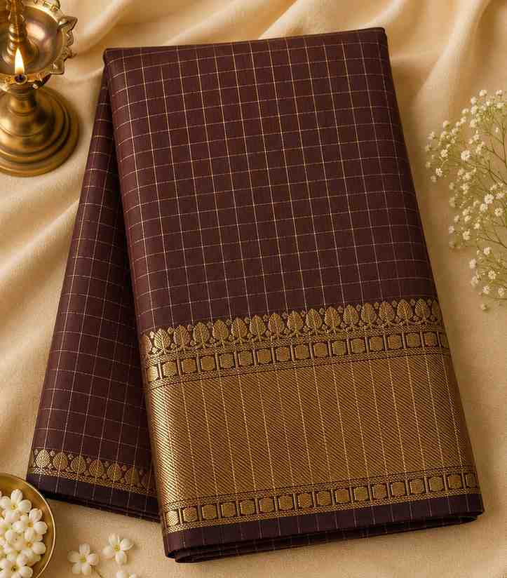2323 Banarasi Semi Katan Check Pattern Brown Silk Saree with Gold Zari Kattam Border